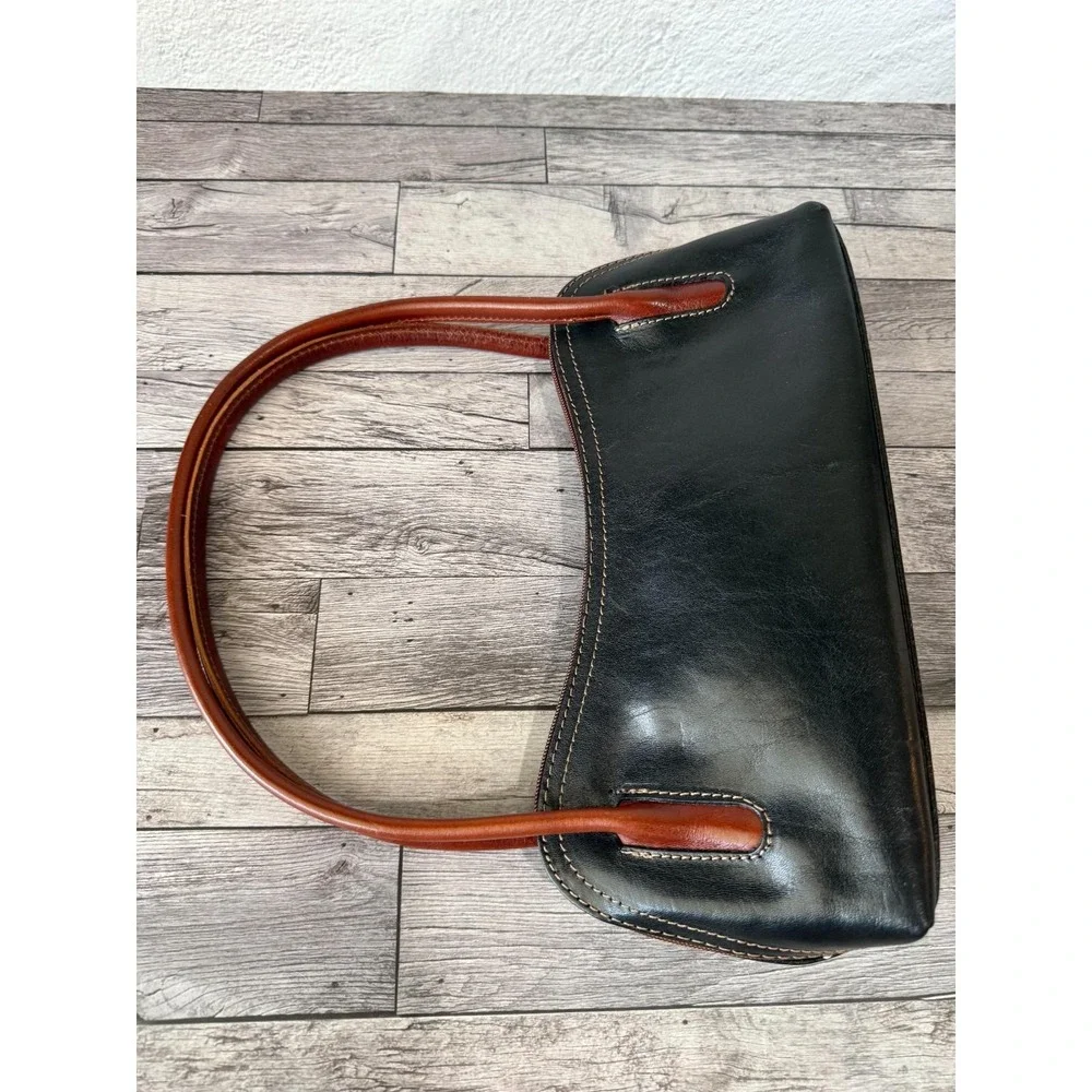 Del Borgo Vintage Black Italian Leather Baguette Handbag Cognac Handles MINT